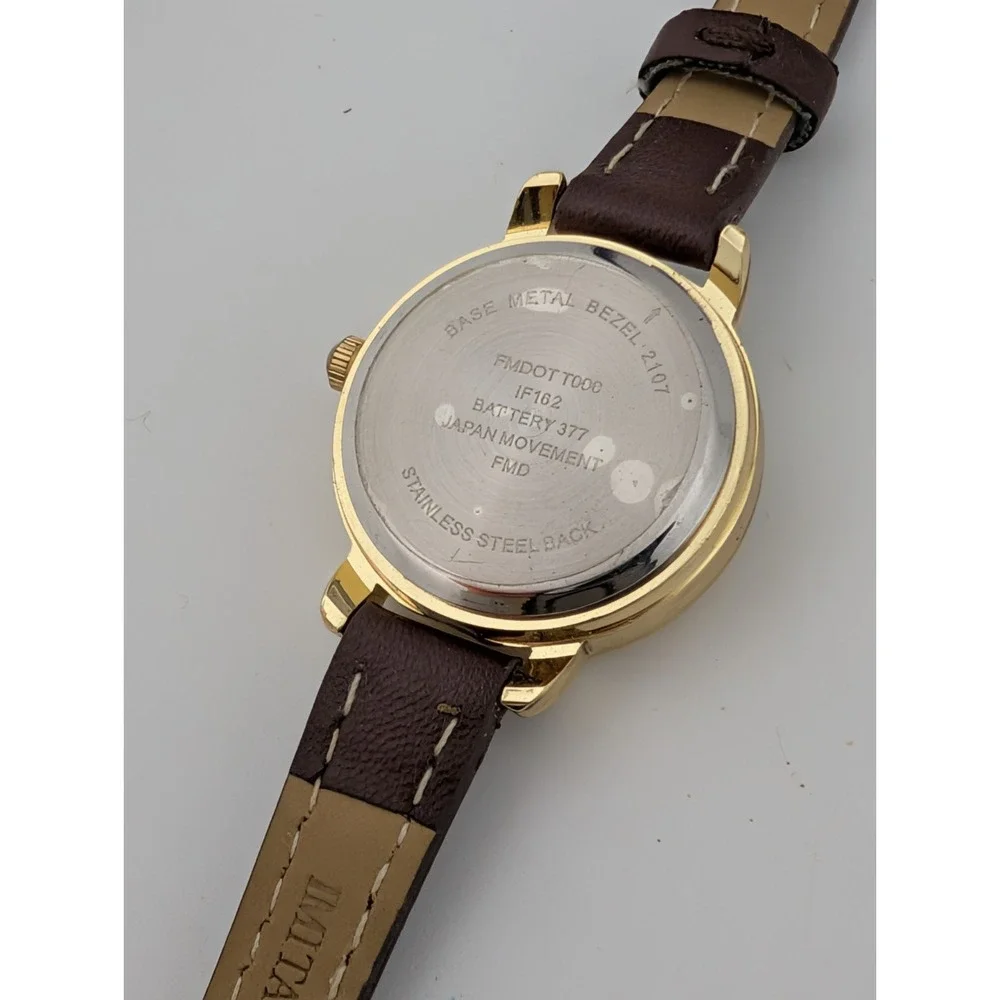Time & Tru Watch Women 26mm Gold Case Brown Faux Leather Band- New Battery